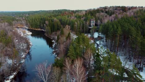 Aerial-View-of-Anyksciai-Laju-Takas,-Treetop-Walking-Path-Complex-With-a-Walkway,-an-Information-Center-and-Observation-Tower,-Located-in-Anyksciai,-Lithuania-near-Sventoji-River