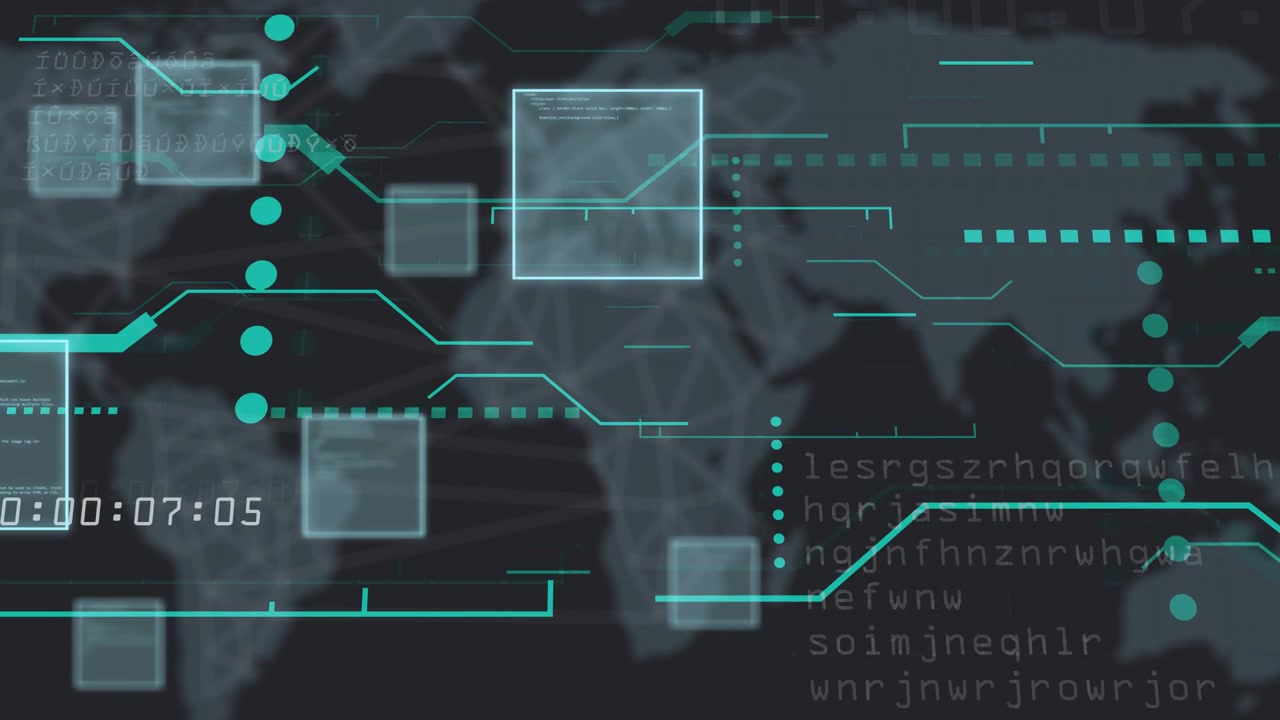 Timer ticking, HUD animating across map, links sliding, panels glowing, showing live data flow