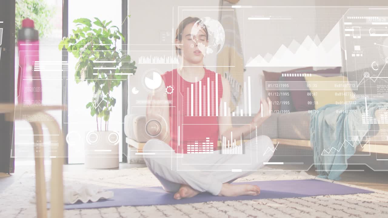 Woman sitting on yoga mat opening palms as holographic data appearing organizing business charts