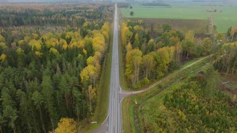 Establecimiento-De-Una-Vista-Aérea-Del-Bosque-Otoñal,-Hojas-Amarillas-En-Los-árboles,-Escena-Natural-Idílica-De-Caída-De-Hojas,-Mañana-De-Otoño,-Autopista-Con-Autos,-Amplio-Disparo-De-Drones-Con-Vista-De-Pájaro-Avanzando