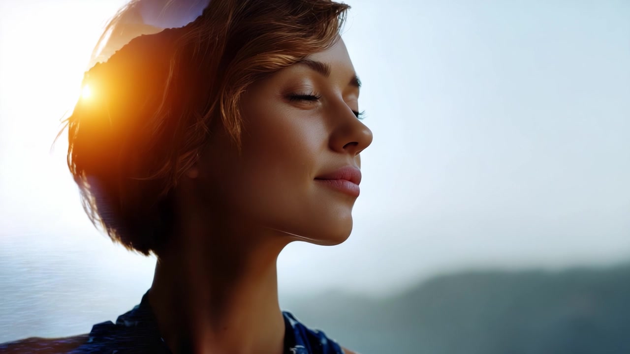 A serene woman contemplating beauty, with a soft smile and sunlit background, embodying harmony between nature and self-reflection in tranquil surroundings.