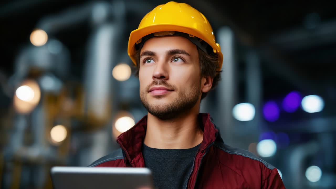 A construction worker wearing a hard hat and holding a tablet looks thoughtfully in the distance, contemplating engineering designs or safety protocols while standing in an industrial environment