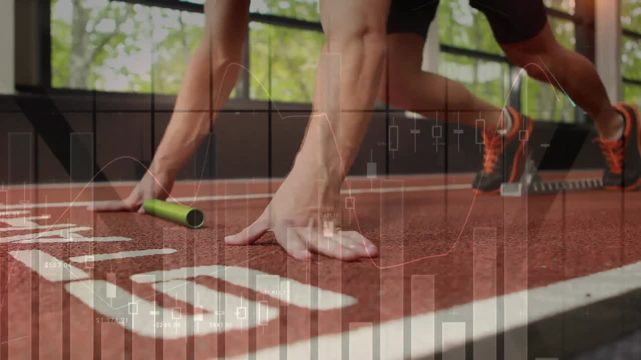 animación de estadísticas y procesamiento de datos sobre el corredor de relevos masculino en la línea de salida de la pista de carreras