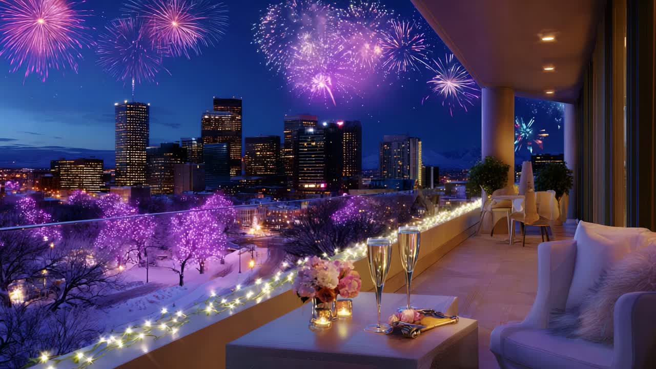 A Spectacular Urban New Year's Eve Celebration Overlooking a City Skyline, with Colorful Fireworks Illuminating the Night Sky and a Cozy, Romantic Atmosphere on a Beautiful Balcony