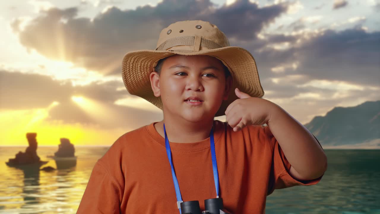 Menino asiático de chapéu e binóculos usando a lupa e, em seguida, fazendo um gesto de "me ligue" na praia. Menino pesquisador examinando algo, aventura de viagem, close-up