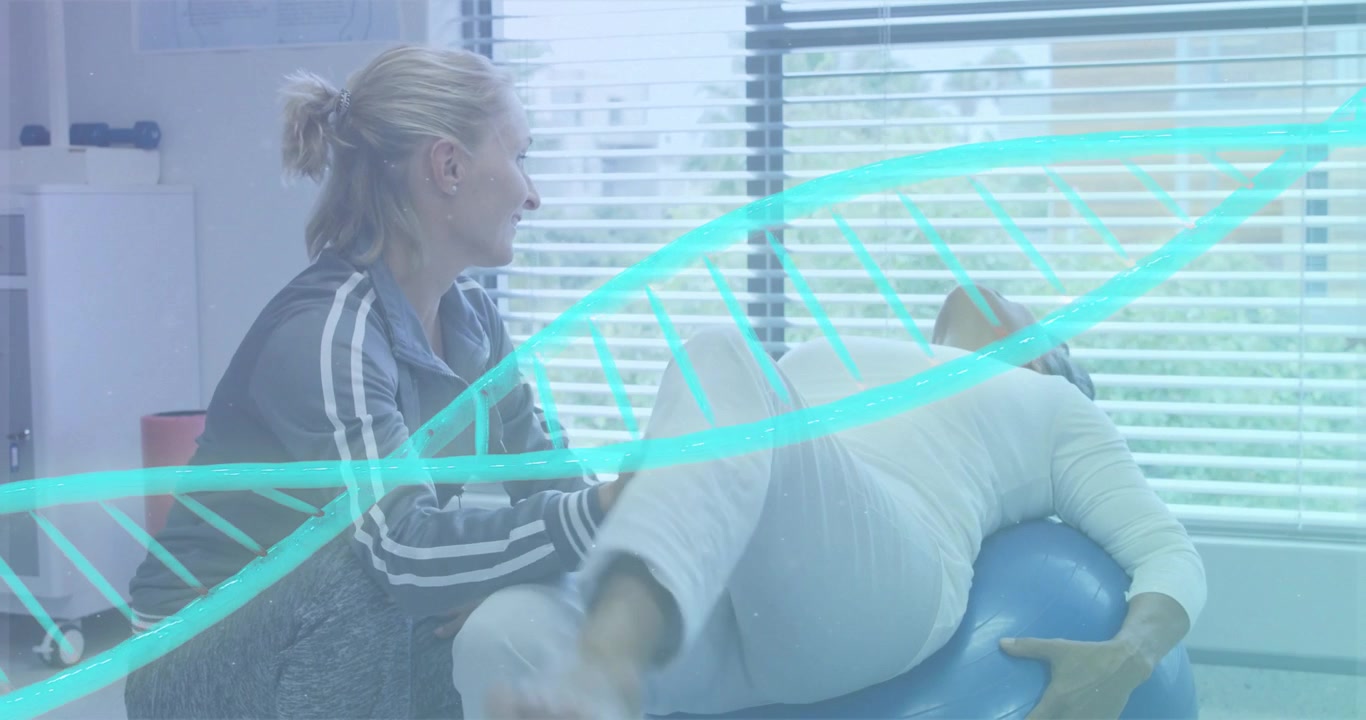 Therapist starting lift, guiding leg on blue ball, physio restoring mobility, teal helix sweeping