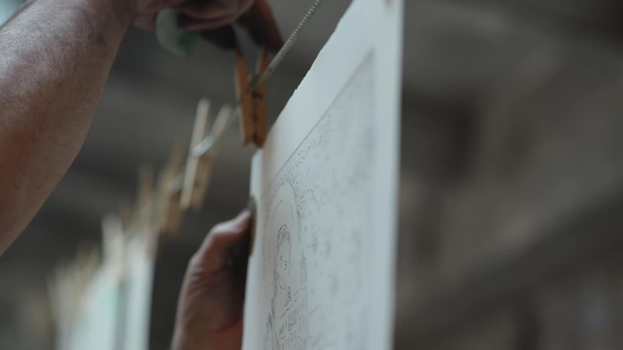 Finished artistic paper drawing hanging on string with forceps in soft focus.