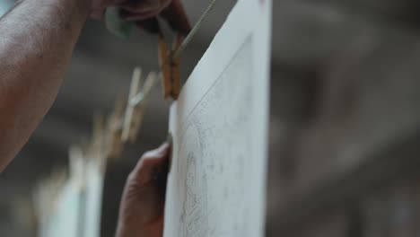 finished artistic paper drawing hanging on string with forceps in soft focus.