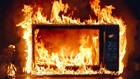 a microwave oven on fire in the dark