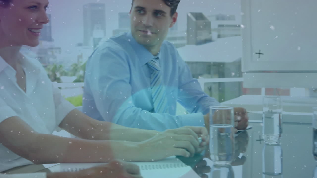 animación de puntos brillantes sobre la gente de negocios en la reunión