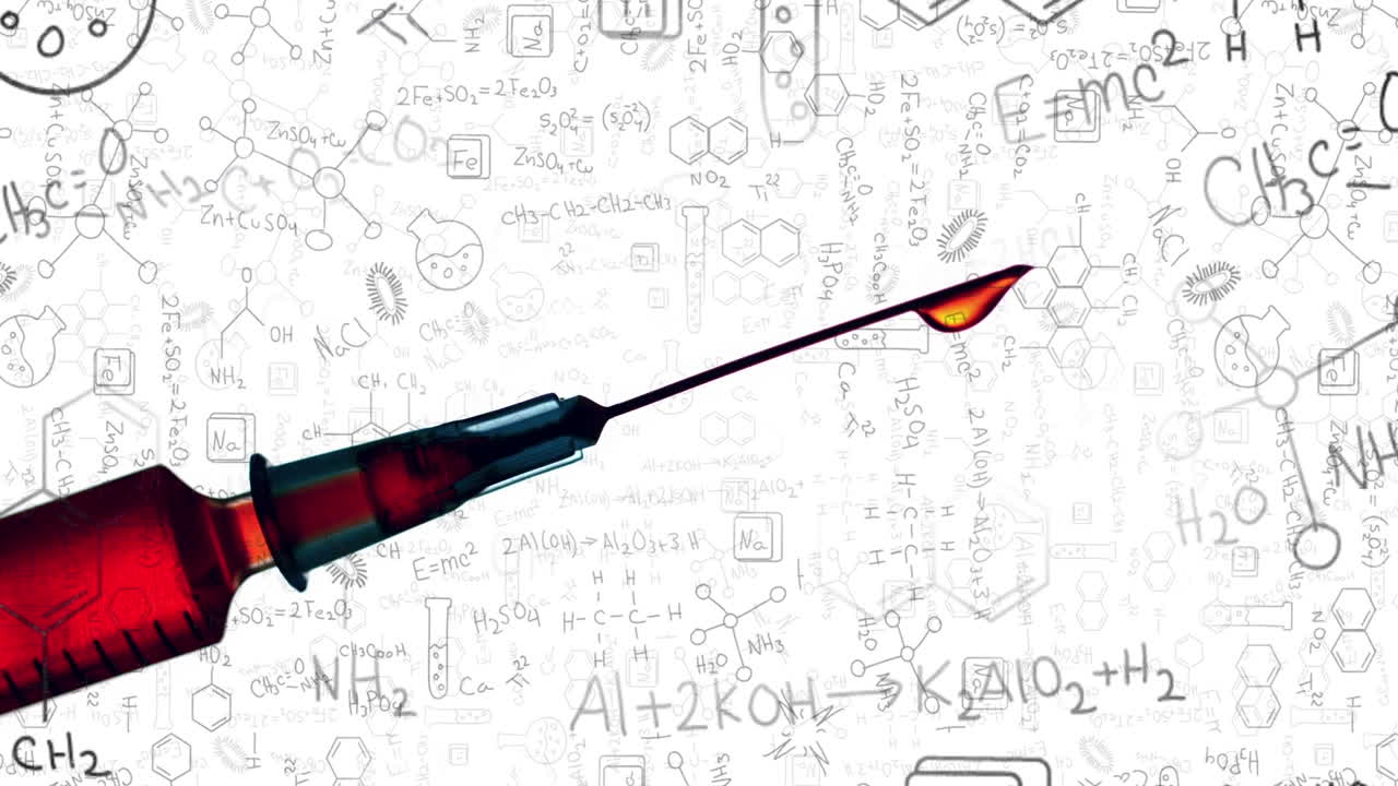 ⁇ 색 바탕에 있는 화학 공식 위에 있는 주사기의 애니메이션