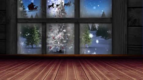 Animation-Der-Ansicht-Von-Schnee,-Der-über-Den-Weihnachtsbaum-In-Der-Winterlandschaft-Fällt,-Vom-Fensterrahmen-Aus