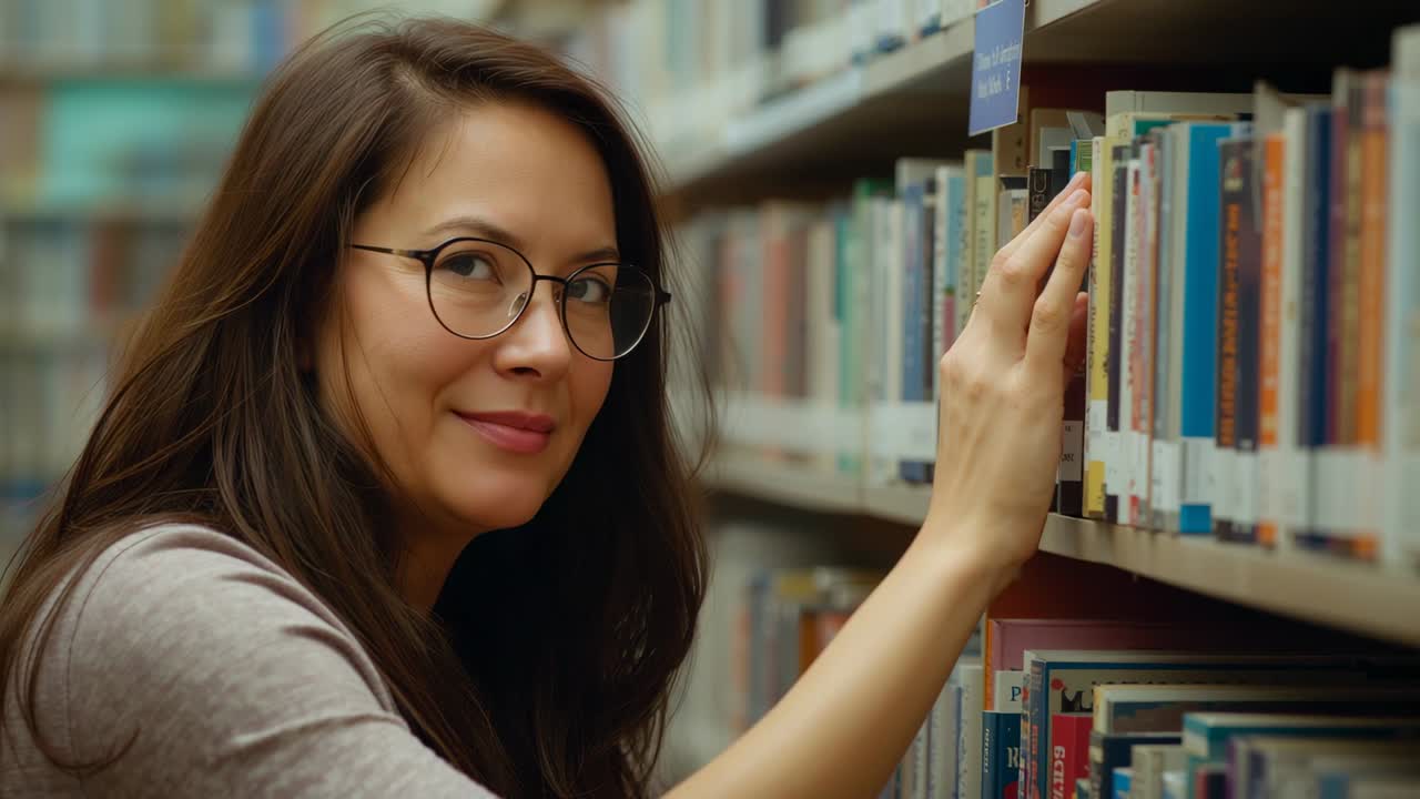 Mulher de óculos e camisa de manga comprida navegando e procurando um título específico na fileira da biblioteca, tocando nos livros