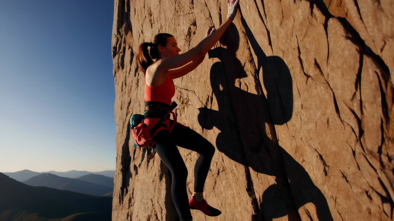 A woman rock climbing and rappelling on a rugged mountain face