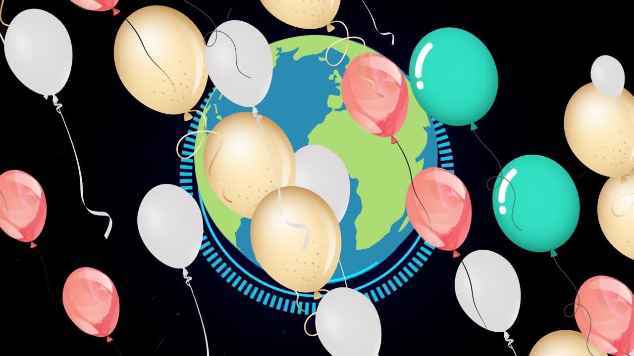 Animación de globos sobre un globo terráqueo en fondo negro