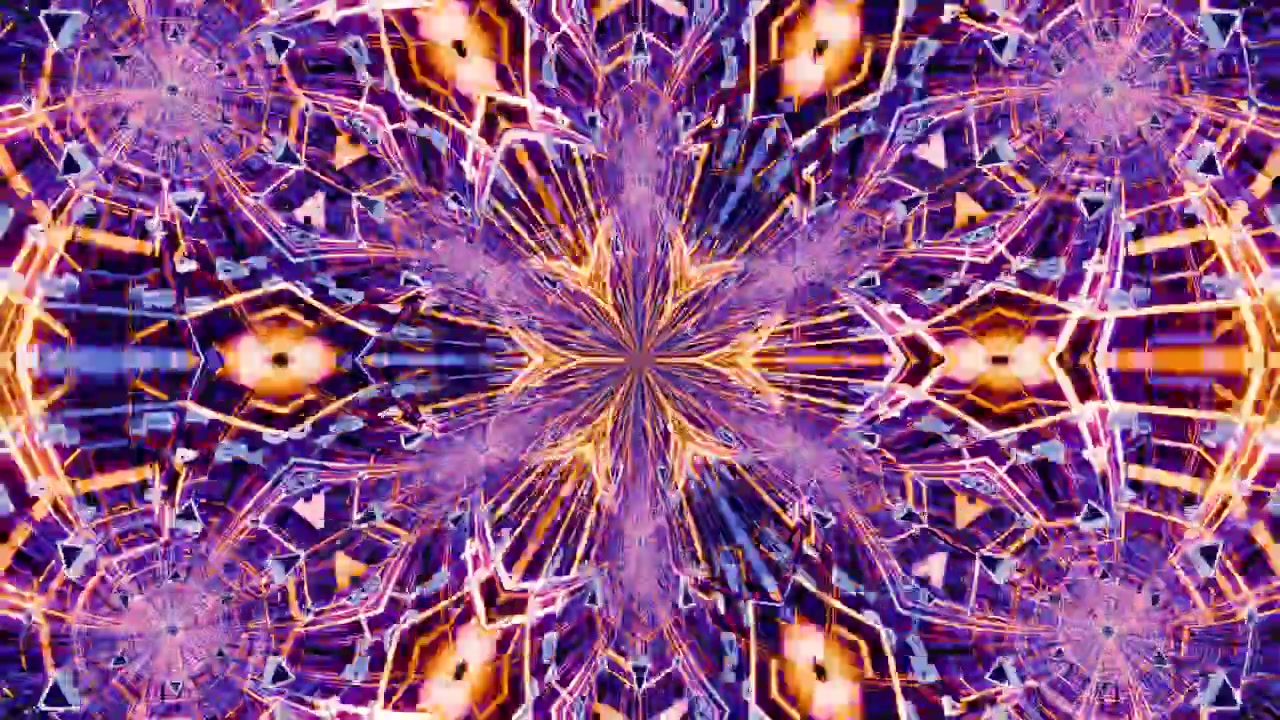 Hypnoottinen abstrakti hehkuva geometrinen kaleidoskooppikuvio eloisilla violetti- ja oranssivaloilla