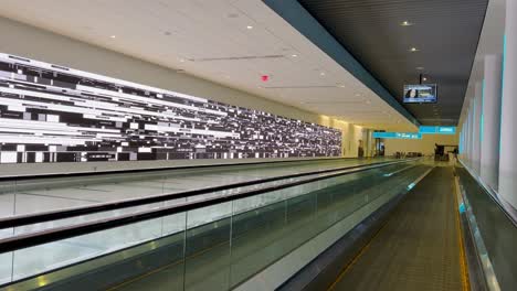 moving slowly down the clt airport terminal corridor showing off the bright black and white digital art on the corridor walls while standing and moving slowly down the moving walkway