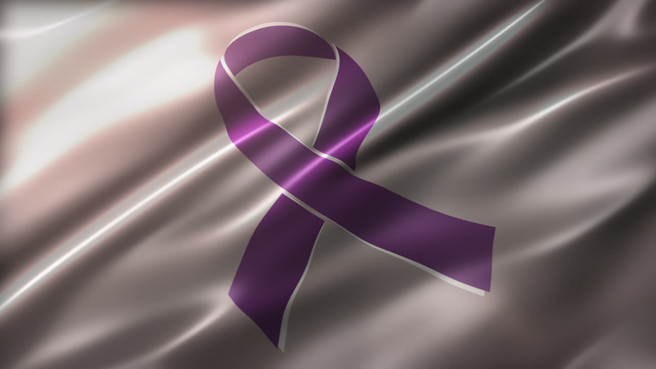 Pancreatic Cancer Purple Ribbon, Awareness flag, perspective view, high-angle, glossy, elegant silky texture, realistic 4K CG animation, sleek, slow-motion fluttering, seamless loop-able
