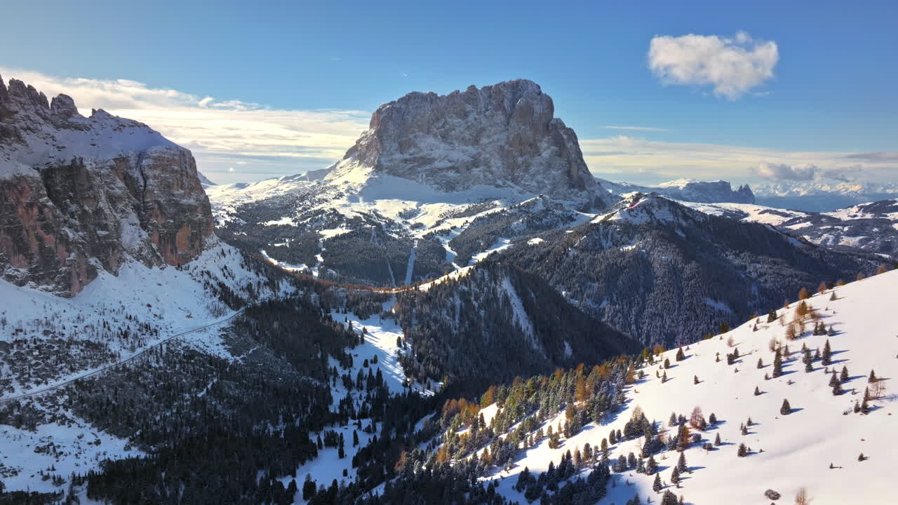 Aerial drone view of the Gardena Pass high mountain pass in the Dolomites, Italy