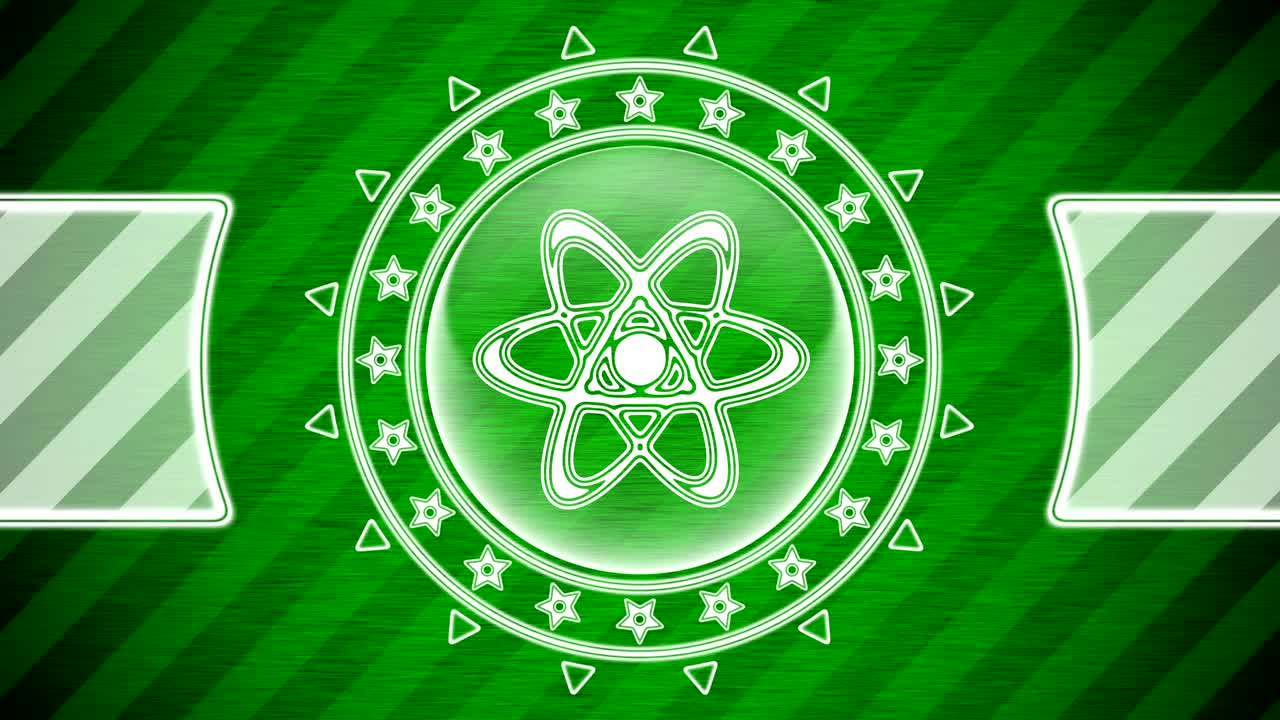 원 모양의 원자 아이콘과 초록색 줄무 배경.