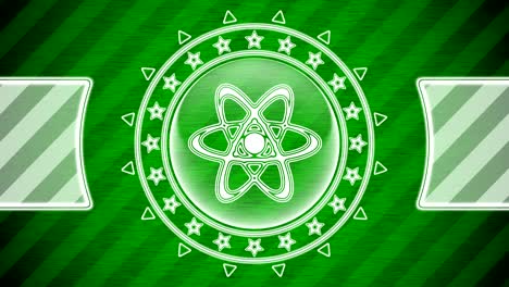 icono de átomo en forma de círculo y fondo a rayas verdes. ilustración.