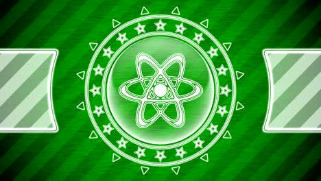 atom icon in circle shape and green striped background. illustration.