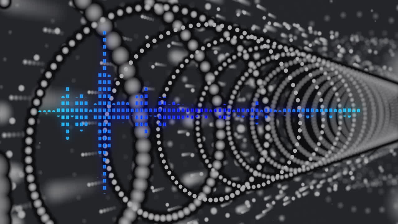 Dynamic sound wave animation with blue equalizer over spiraling white dots