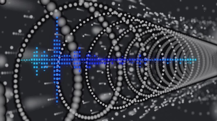 Dynamic sound wave animation with blue equalizer over spiraling white dots