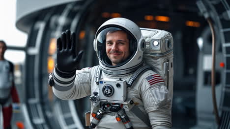 astronaut waving inside a spaceship