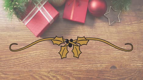 Animation-of-mistletoe-ribbon-banner-with-copy-space-over-christmas-decorations-on-wooden-surface