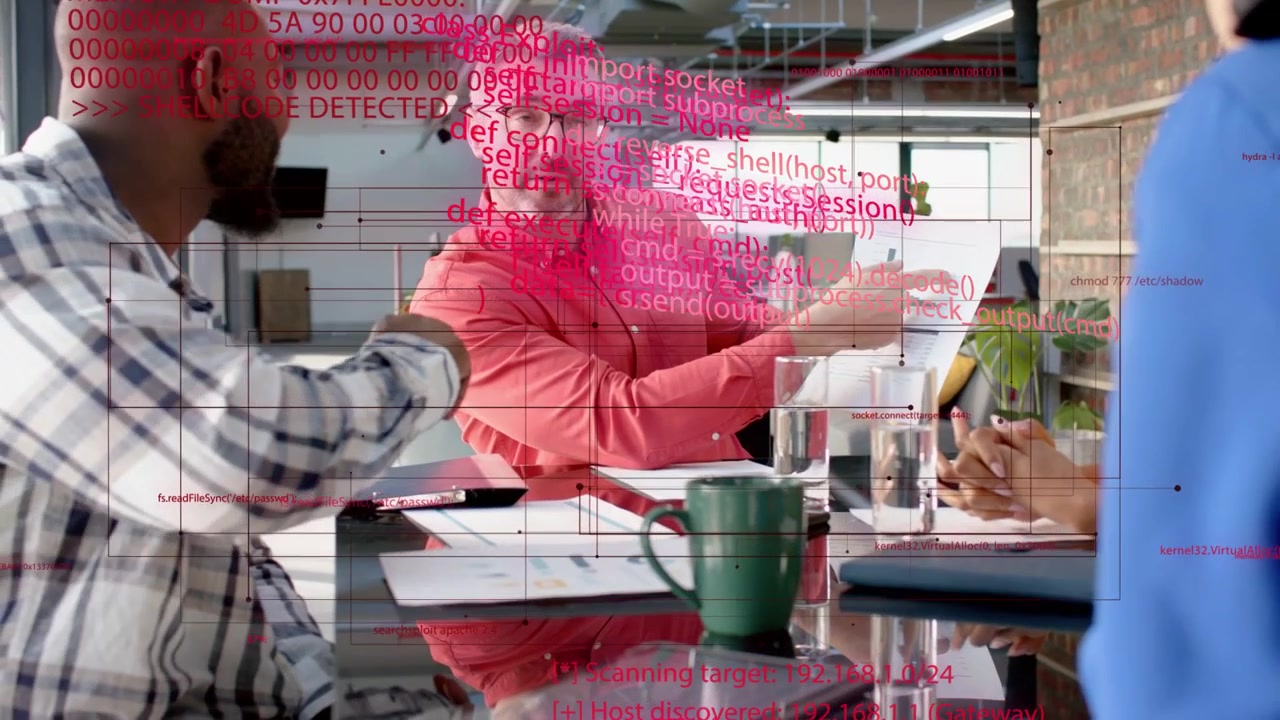 Sitting team coral, plaid shirts discussing project at office while red code sweeping, mug, phone