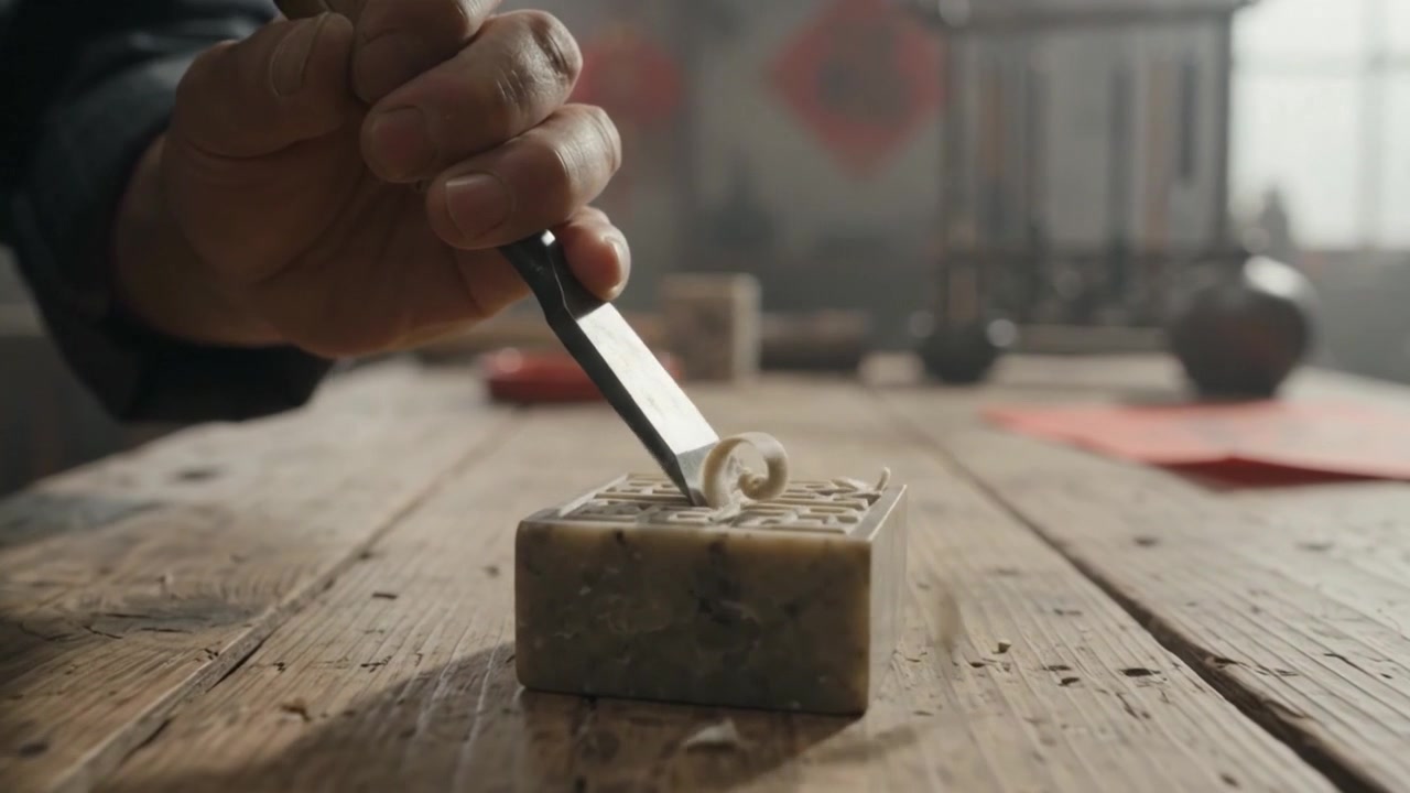 Artisan Carving Traditional Chinese Stone Seal in Workshop