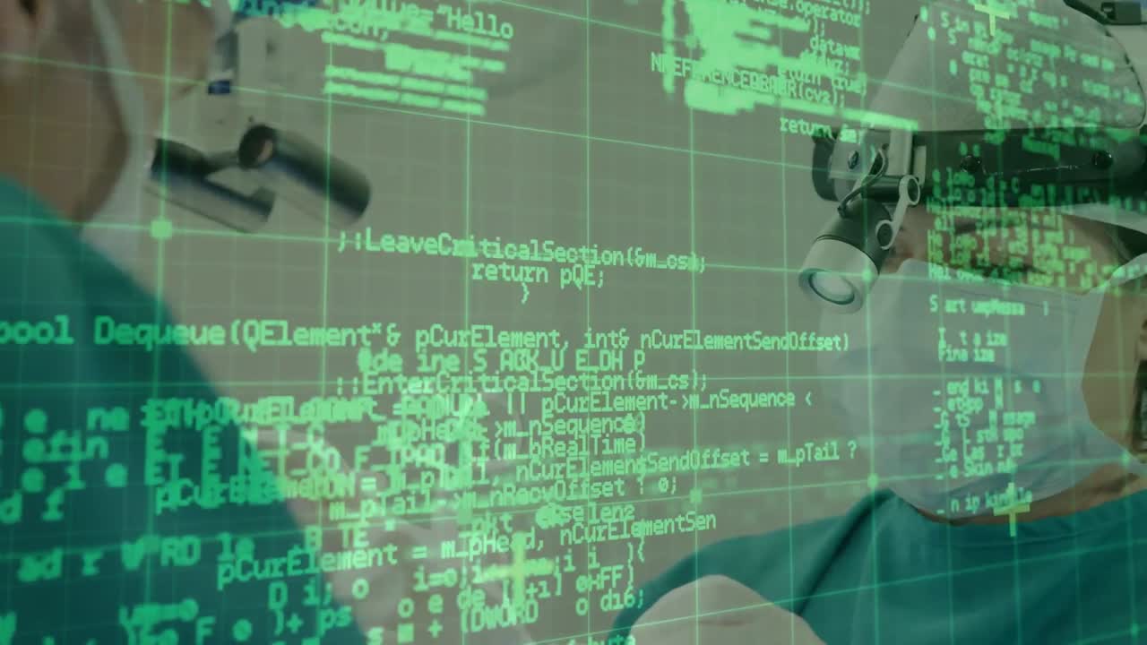 Animation of data processing over caucasian male and female surgeons talking