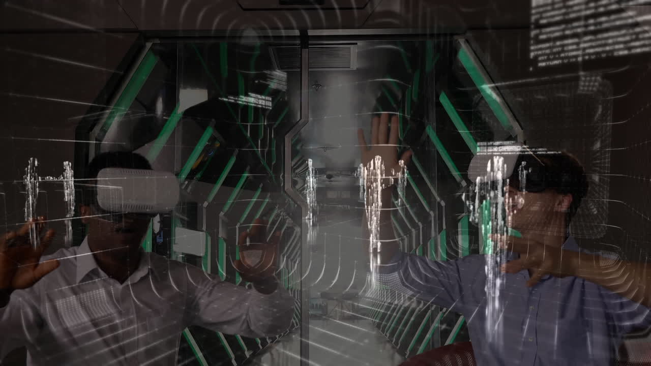 Two men with virtual reality headset with data