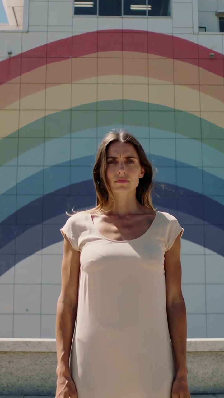 Vertical video: Woman in pale dress posing at rainbow mural, wind flicking hair, camera moving in