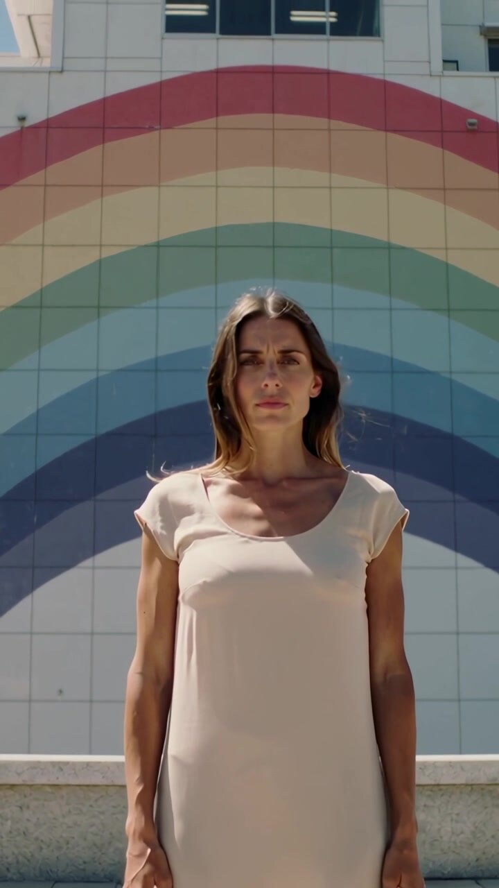 Vertical video: Woman in pale dress posing at rainbow mural, wind flicking hair, camera moving in