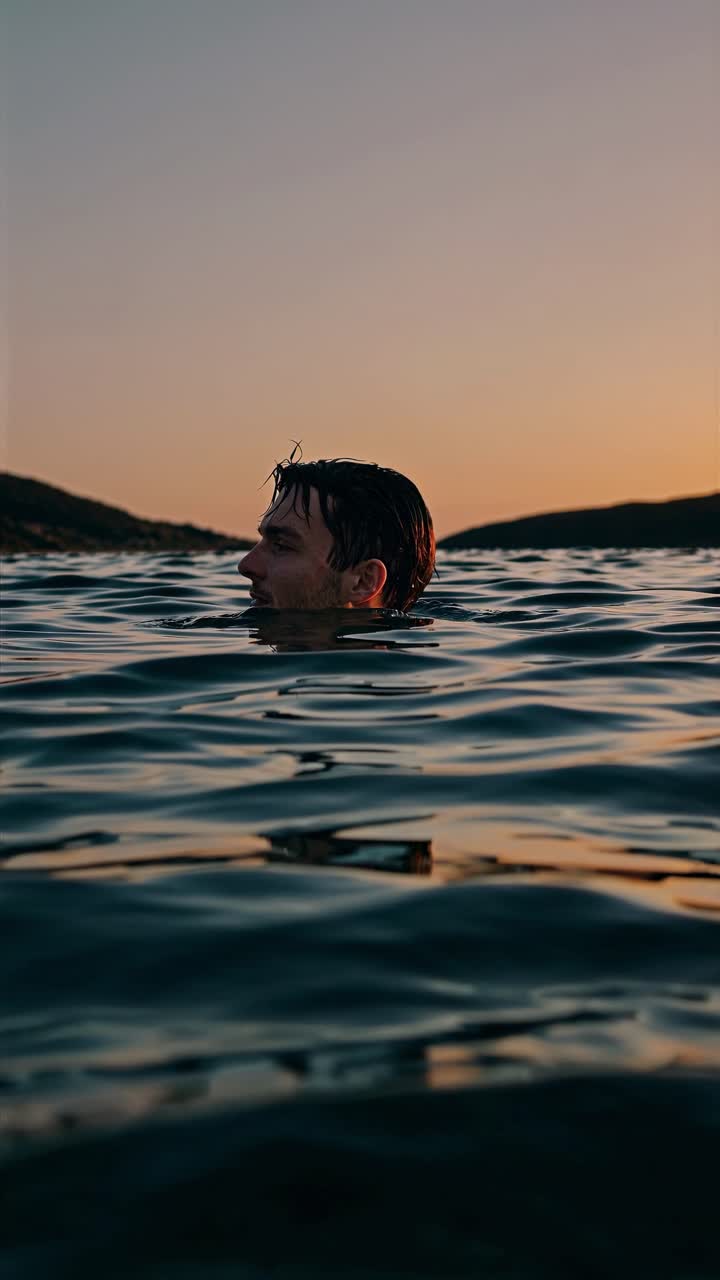 A serene video concept showing a person partially submerged in water at sunset