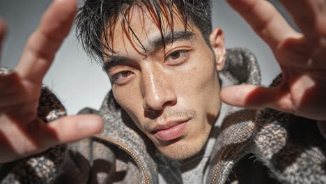 fashion model reaching out and touching in slow motion