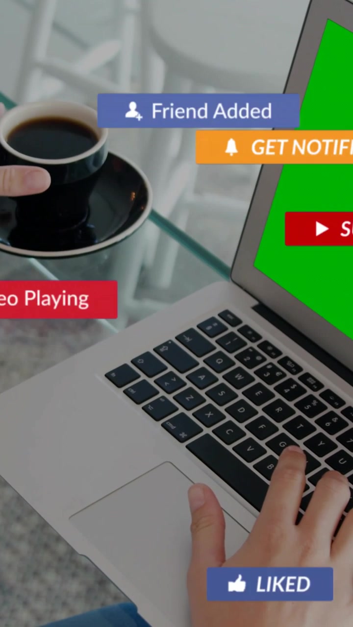 Vertical video: Woman typing spawning social alerts over green placeholder while checking likes