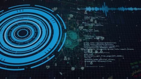 Animation-of-round-scanner-and-data-processing-against-spinning-globe-of-medical-icons