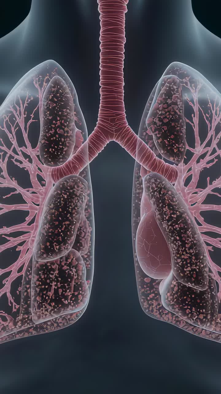 Video verticale: polmoni e vie aeree in loop che respirano, con visualizzazione medica, ramificazioni e macchiettature