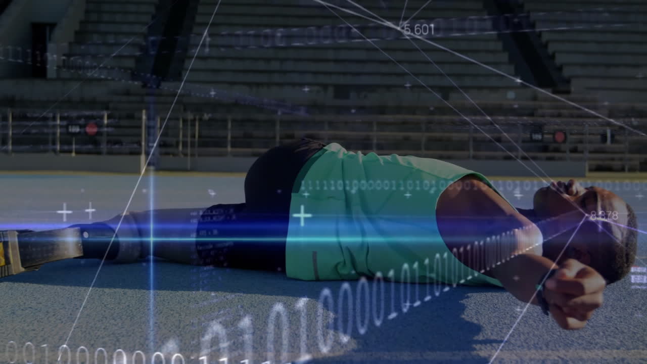 Athlete stretching on track with digital data processing animation overlay