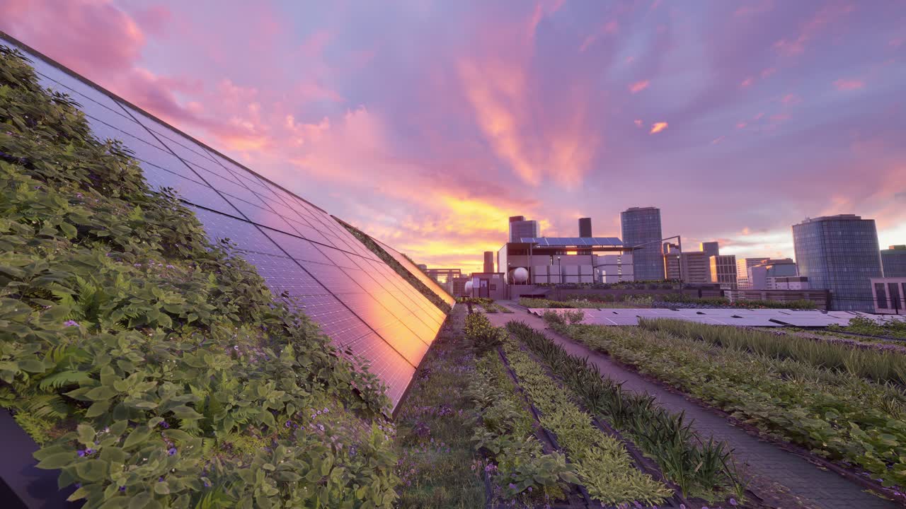 Azienda agricola urbana su tetto e pannelli solari al tramonto con skyline della città