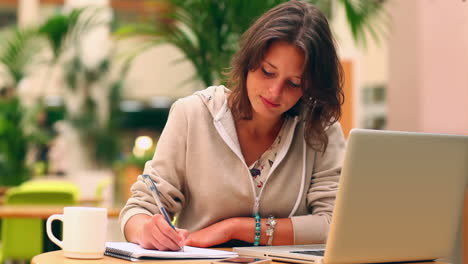 estudiante bonita estudiando en la cantina con una computadora portátil