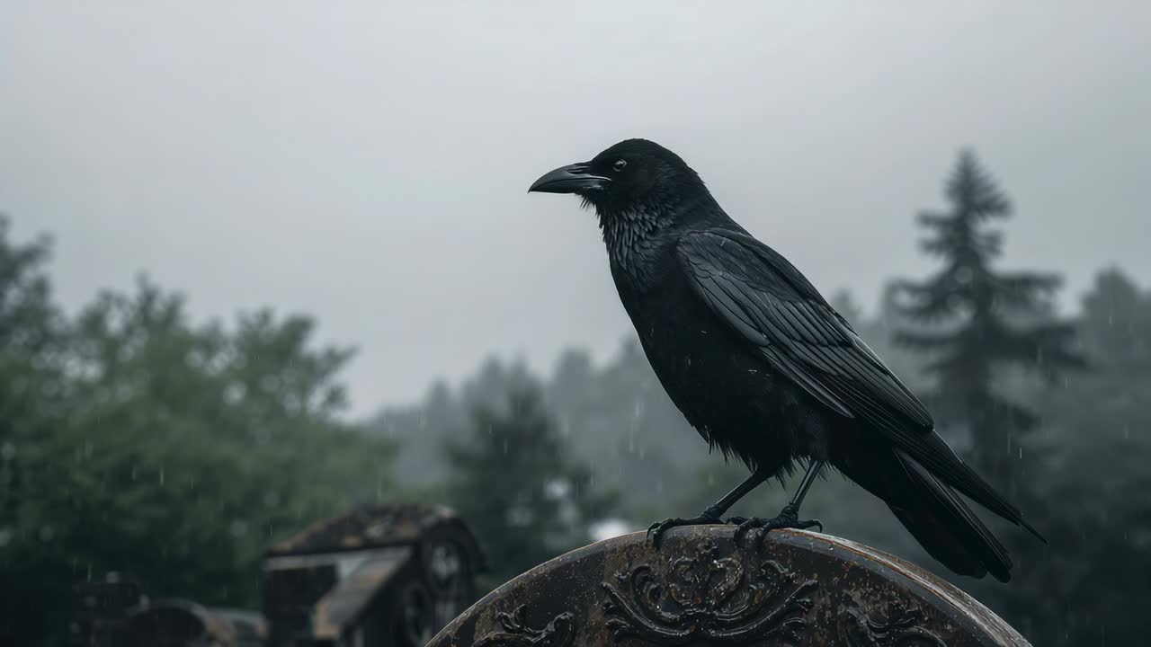Sensing mist, black crow shifting weight on ornate stone monument, scanning misty woodland beyond