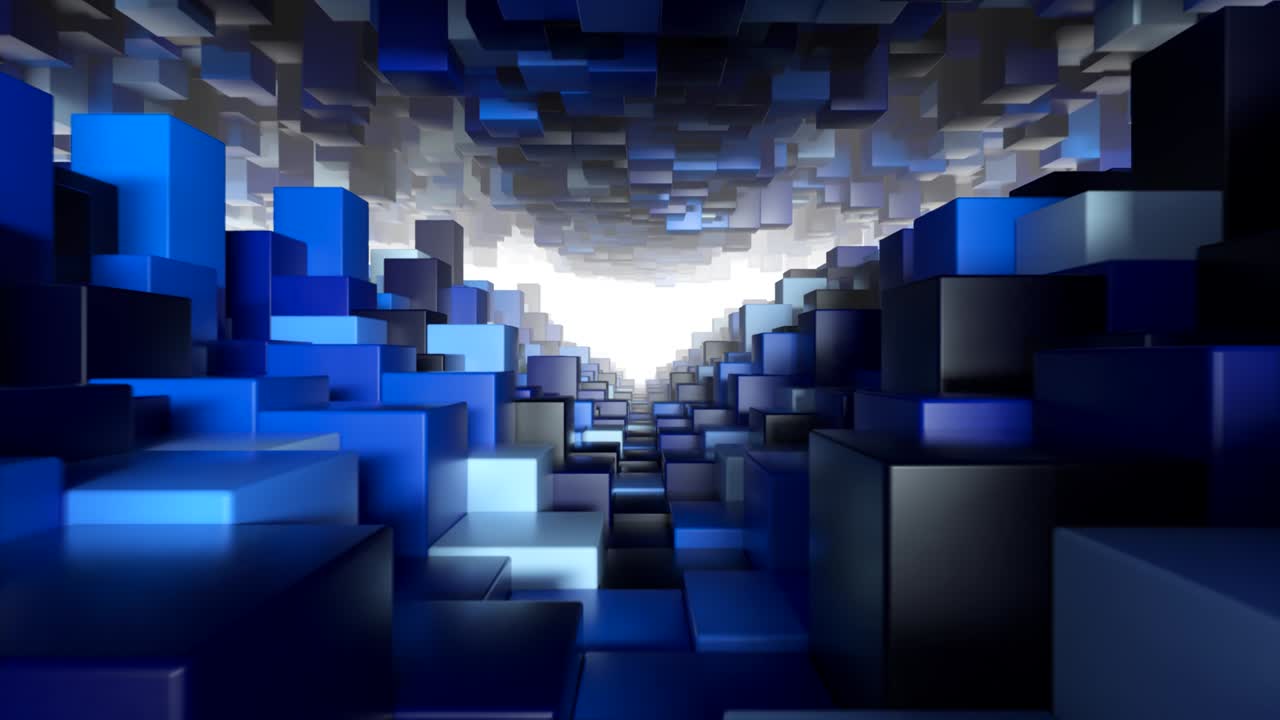 túnel geométrico abstracto hecho de cubos azules con movimiento aleatorio. bucle sin costuras 3d render