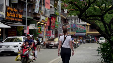 urban transportation, female tourist sightseeing, shop buildings