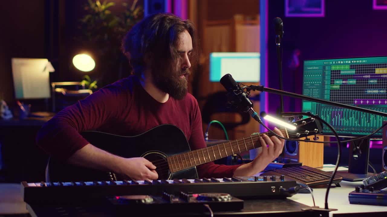 productor de música cantando canciones y tocando la guitarra acústica