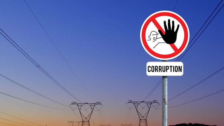 Animation of stop curruption sign board against network towers and sunset sky