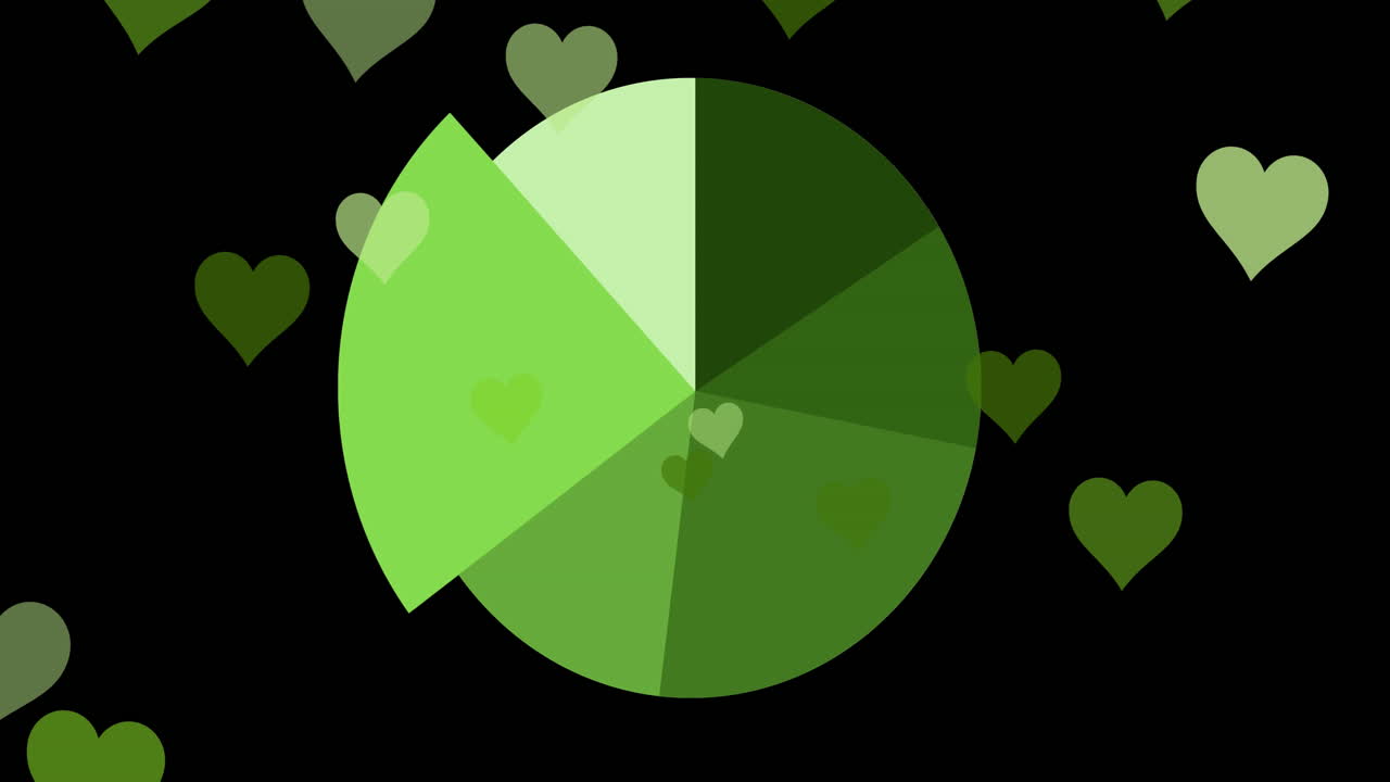 animación de gráficos de gráficos de pasteles y procesamiento de datos con corazones verdes sobre fondo negro.